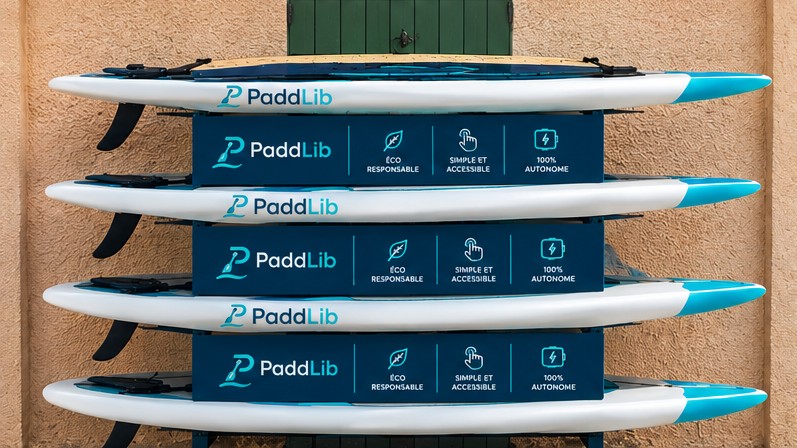 Station PaddLib adossée à une façade provençale, paddles verrouillés