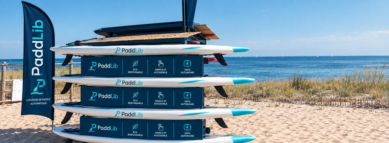 Station PaddLib installée sur une plage de sable face à la mer, avec ses paddles rangés